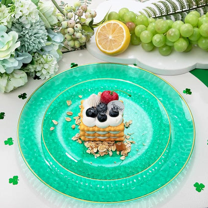 Hioasis 60pcs Green Plastic Plates - Gold Rimmed Disposable, Hammered, Heavy-duty Dinnerware Set Suitable for 30 Guests, 10.25" Dinner & 7.5" Dessert Plates for Party & St. Patrick's Day
