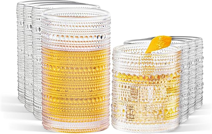 Vintage Hobnail Drinking Glasses Set of 8, 15oz & 12oz Embossed Highball Cups by Unknown