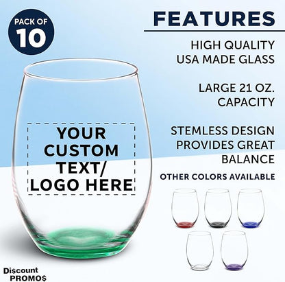 DISCOUNT PROMOS 10 ARC Stemless Wine Glasses Set, 21 oz. - Customizable Text, Logo - Chardonnay, Cabernet, Merlot, Sauvignon - Green