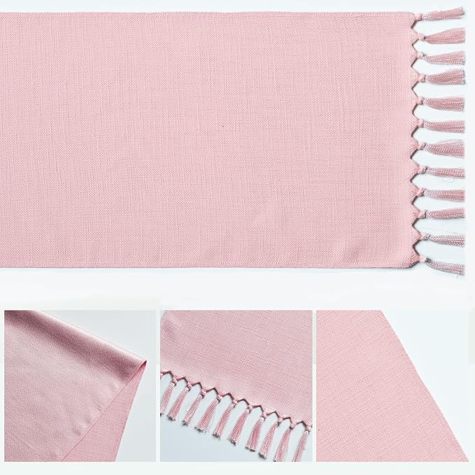 Artoid Mode Blush Pink Tassel Table Runner, Linen Blend Rustic Farmhouse Style - Image 5