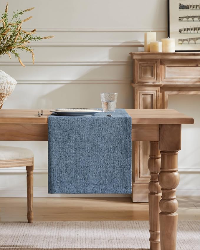 Burlap Style Farmhouse Table Runner, 14x36 Inches Blue | Thick Durable Fabric - Image 2
