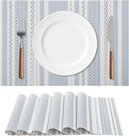 FAVE Blue Boho Vinyl Placemats Set of 6, Durable Woven Place Mats Washable Heat Resistant PVC Table Mats for Parties,Weddings, Dining,Banquet(Blue, 6PCS)