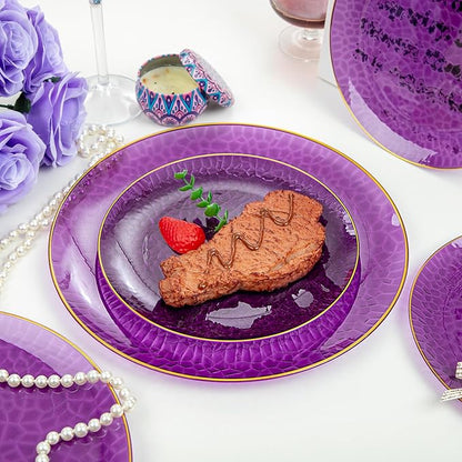 Hioasis 60pcs Purple Plastic Plates - Gold Rimmed Disposable, Hammered, Heavy-duty Dinnerware Set Suitable for 30 Guests, 10.25" Dinner & 7.5" Dessert Plates for Party & Wedding