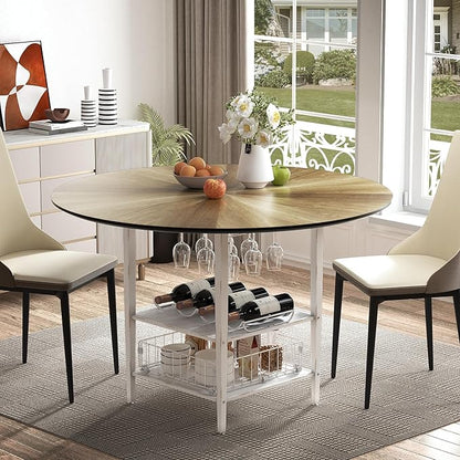 VFK 47 Inch Round Dining Table Set for 4-6 People, Large Farmhouse Kitchen Dining Table Set with Chairs and Storage Rack, Metal Base Round Table for Home Dining Room Living Room