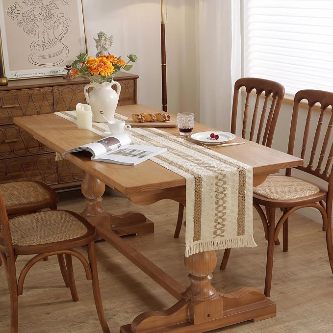 Boho Table Runner with Tassels 12 x 108 Inches Long, Cream & Brown Rustic - Image 2