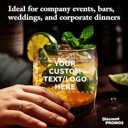 DISCOUNT PROMOS Custom Whiskey Glasses 10 oz Set of 10/50/100, Personalized Bulk Pack - Heavy Base Old Fashioned Glass, Perfect for Scotch, Bourbon, Whiskey, Cocktail - Black Bottom Color