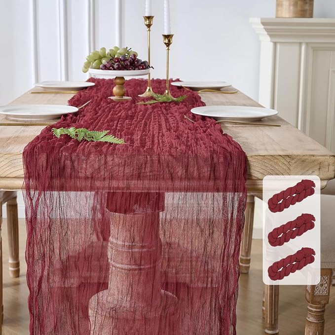 3 Pack Burgundy Red Cheesecloth Table Runners, 120 Inch 10Ft Wine Red Gauze by YARGEZON