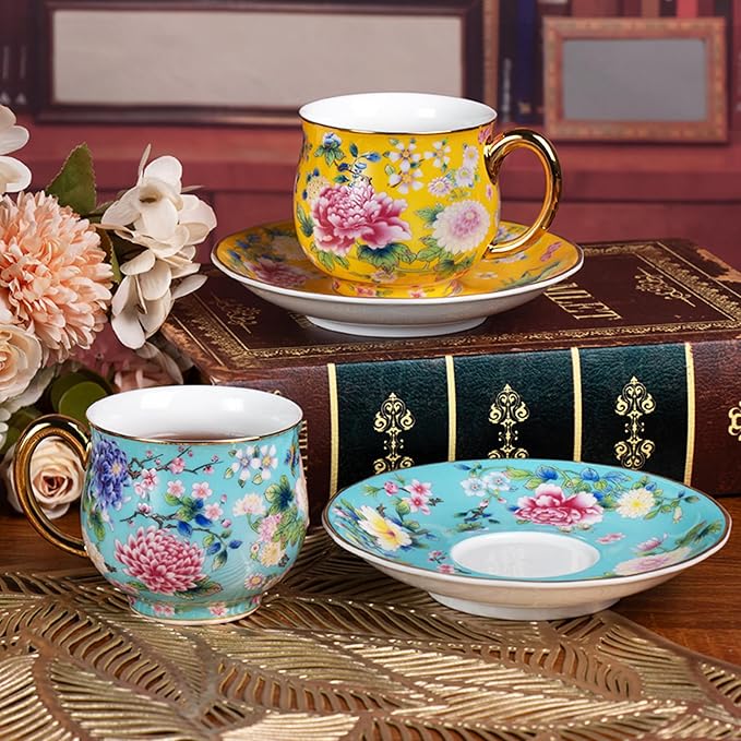 KAMMAK Tea Cup and Saucer, Ceramic Coffee Cups, 7.1 oz, Afternoon Tea and - Image 7