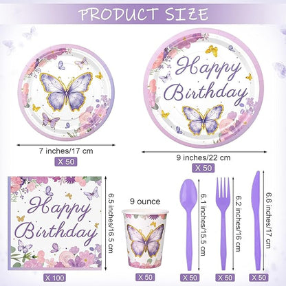 Kochorie 400 Pieces Butterfly Disposable Party Tableware Sets Including Plates Cups Napkins Cutlery Serves 50 for Butterfly-themed Party Birthday Baby Shower Girls Party Decorations