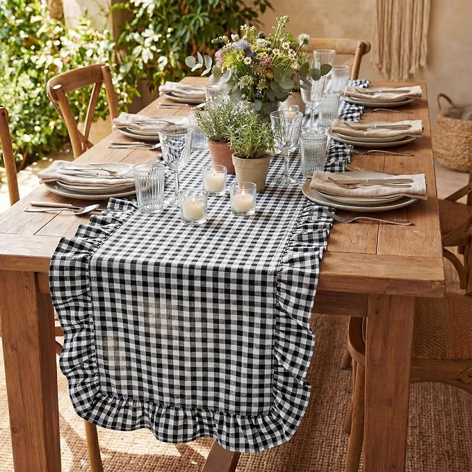 HunnmingRe 1 Pc Gingham Table Runner White and Black, 118 X 13.8 Inch | Cotton - Image 7