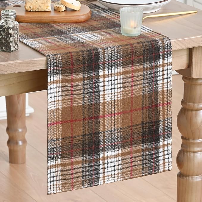 Artoid Mode Coffee Brown Farmhouse Plaid Retro Fall Table Runner, Thanksgiving by ArtoidMode