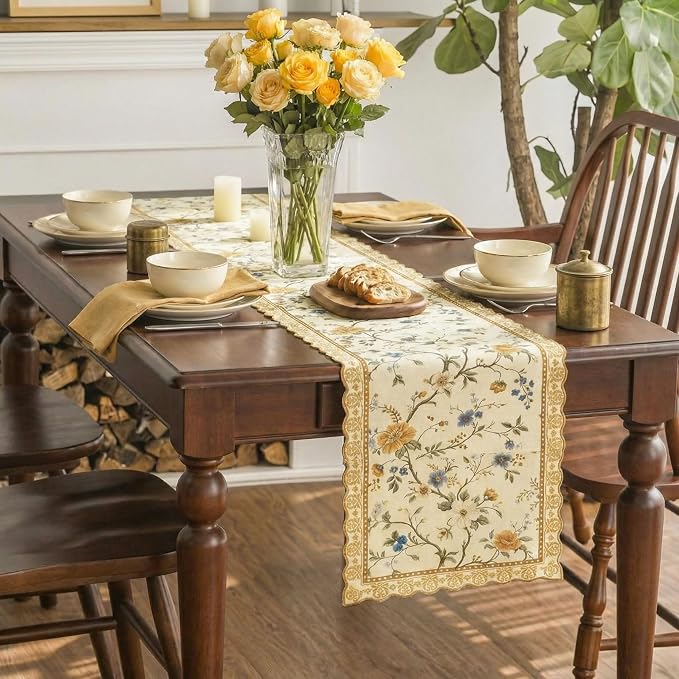 HunnmingRe Chinoiserie Table Runner Light Brown White Floral Table Runner - Image 7