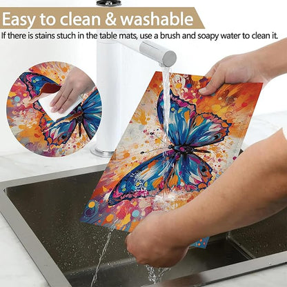 Table Placemats Set of 6, Waterproof Linen Fabric, Non-Slip Backing & Easy Clean, Elegant Dining Table Protectors for Family and Guests(Colorful Butterfly)