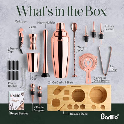 Barillio Rose Gold Bartender Kit - Stainless-Steel Cocktail Shaker Set w/Bamboo Stand - Mixology Bar Tools w/Drink Shaker, Mixer and Muddler for Cocktails - Home Bar Accessories - 23-Pc Bar Set