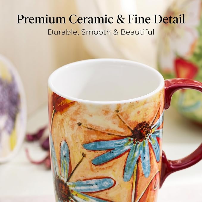 Topadorn 17 oz Ceramic Travel Mug, Colorful Floral Coffee Mug - Image 8
