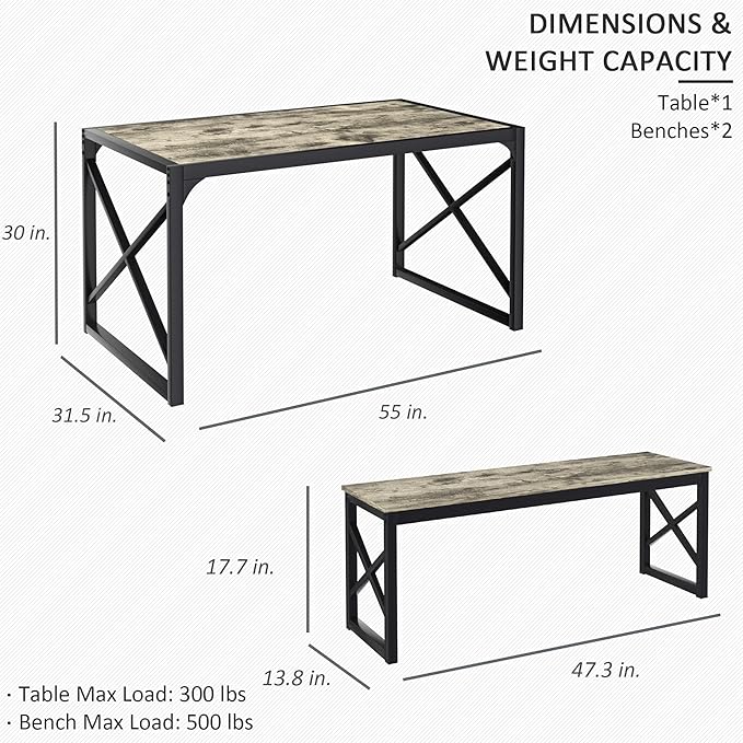 VECELO Kitchen Dining Table Sets for 6, 55" Wood Dinette 2 Benches with Metal Frame for Dinner Breakfast Nook and Small Space, Grey