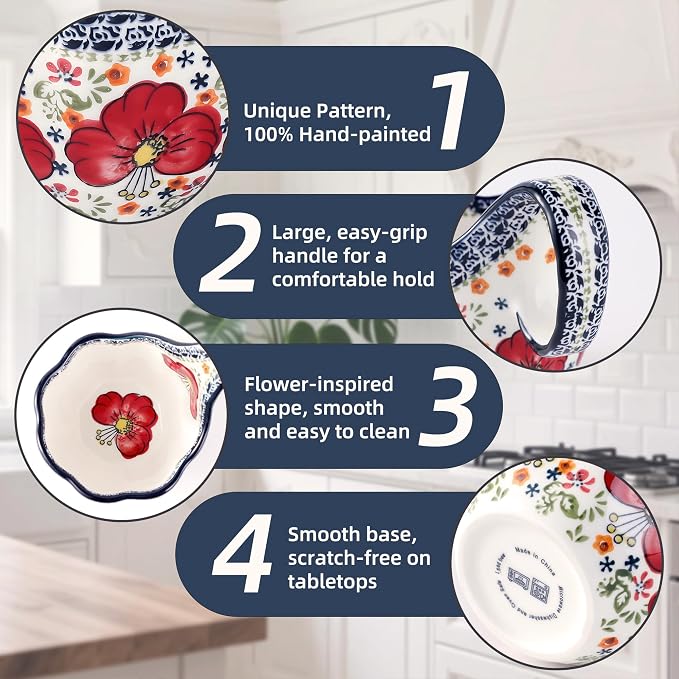 ALMA Soup Bowl With Handle, 16oz Handpainted Floral Soup Mug Microwave Safe | - Image 6