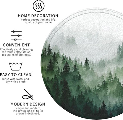 Forest Coasters Leather Round Drink Coasters 6 Pcs Set with Holderor for Cup Drink Coffee Table Bar Home Decor