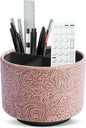 lizimandu Round Leather Art Supply Organizer,Remote Control Holder,360 Degree Spinning,Multi-Functional Pencil Holder,4 Compartments Desktop Stationary Organizer(1-Carved Wood Beige)