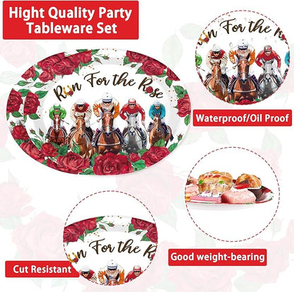 Grencian 50PCS Derby Oval Paper Plates 10" X 12" Disposable Heavy Duty Derby Horse Racing Plates Run for The Roses Dinnerware for Horse Race Day Boys Girl Birthday Party Decorations