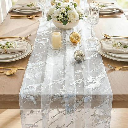 Artoid Mode Marble Pattern White Gauze Table Runner 10FT, Glitter Metallic Foil - Image 6