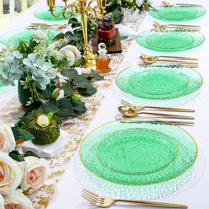 Rubtlamp 100 Pcs Clear Green Plastic Plates, Gold Hammered Plastic Salad Platos, Green Disposable Platos With Gold Rim,7 Inch Dessert Platos Disposable, Dessert Appetizer Platos