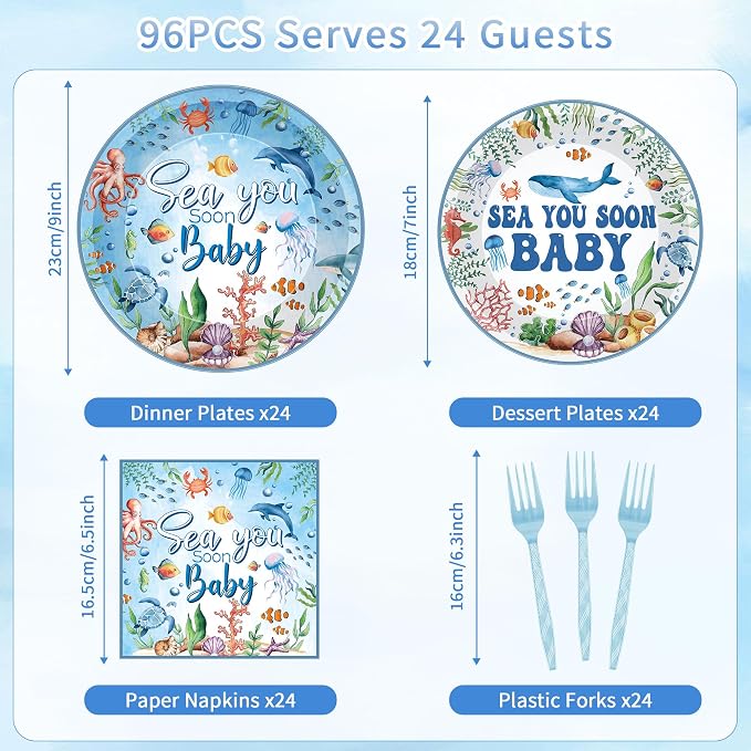96 Pcs Sea You Soon Baby Shower Decorations, Ocean Theme Plates Napkins Forks - Image 2
