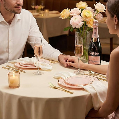 GATHER 700PCS Pink Plastic Plates - Gold Rim Disposable Plastic Dinnerware Set Include 200 Pink Plates, 300 Silverware, 100 Napkins, 100 Cups for Party & Wedding & Valentine's Day