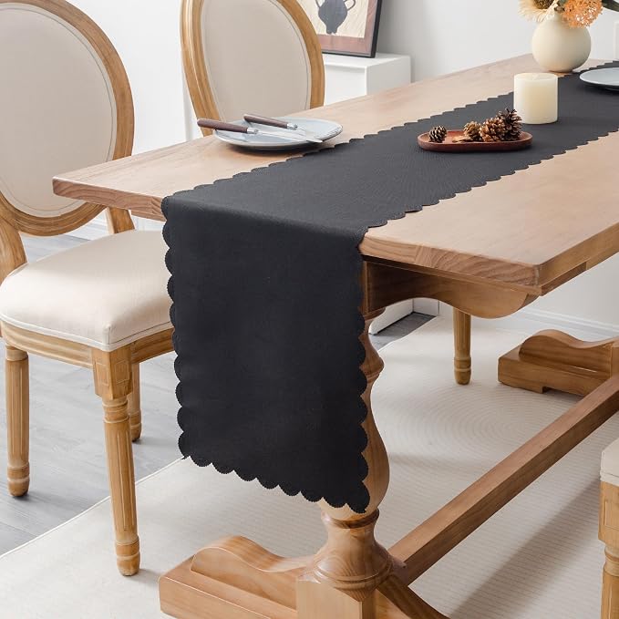 Solid Black Farmhouse Scalloped Table Runner 13 x 72 Inchs | Washable Polyester - Image 2