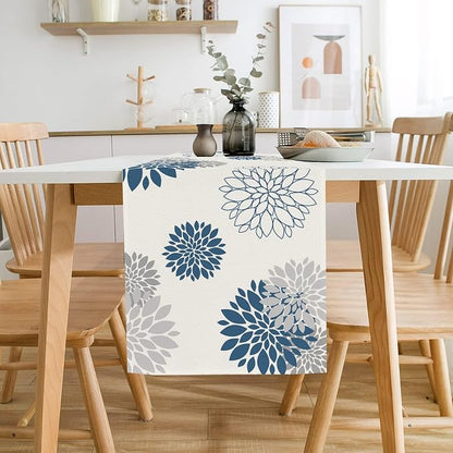 Blue Gray Table Runner Dahlia Pinnata Flower Beige Table Runners Modern Elegant - Image 4