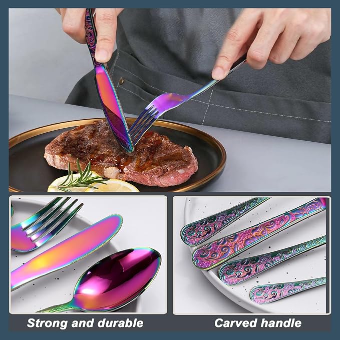 Runfly Vintage Carved Rainbow Stainless Steel 20-Piece Flatware Set | - Image 5