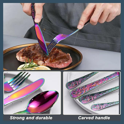 Runfly Vintage Carved Rainbow Stainless Steel 20-Piece Flatware Set | - Image 5