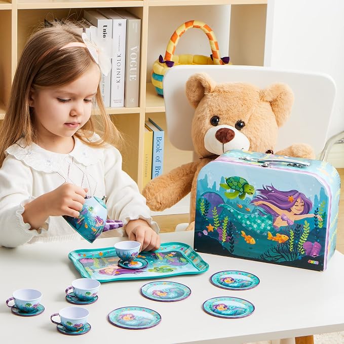 JOYIN Mermaid Tea Party Set for Little Girls, Pretend Tin Teapot Set, Princess - Image 9