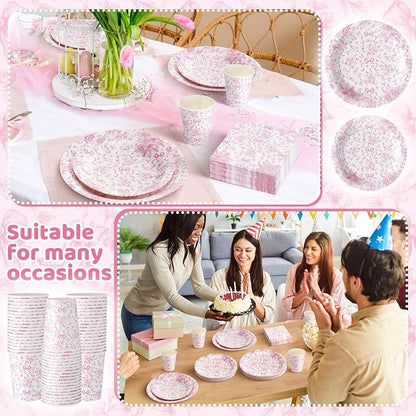 LemonRoad 150 Pcs Pink Bow Floral Disposable Plates and Napkins Bow Coquette - Image 6