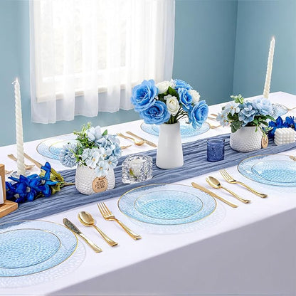 DaYammi 100PCS Blue and Gold Plastic Plates - 10 inch Clear Blue Gold Dinner Plates - Hammer Pattern Design - Fancy Disposable Plates - Heavy-Duty Party Plate for All Occasions
