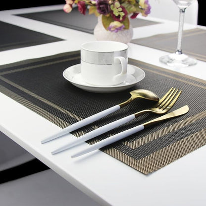 Placemats for Kitchen Woven Vinyl Table Placemat Heat-resistand Table Plastic Mats Set of 4 (Gold+Black)