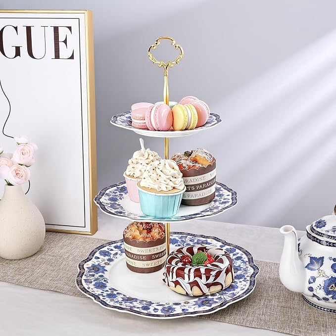 fanquare 3-Tier Elegant British Blue Floral Porcelain Cupcake Stand | Fruit - Image 4