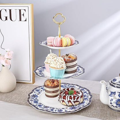 fanquare 3-Tier Elegant British Blue Floral Porcelain Cupcake Stand | Fruit - Image 4