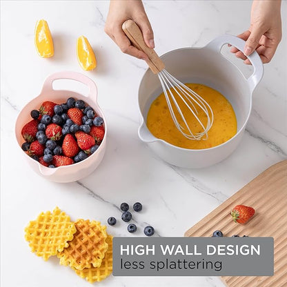 COOK WITH COLOR Nesting Plastic Mixing Bowl Set with Pour Spouts and Handles, Pink, 4 Piece Non-Slip