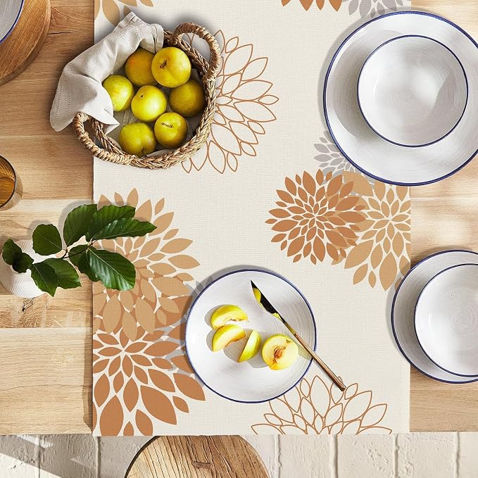 Fall Table Runner Orange Grey Dahlia Pinnata Floral Table Runners Modern - Image 2