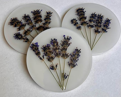 Handcrafted Pressed Lavender Resin Coasters White with Cork Base, Decorative Table Protection (4, Round)