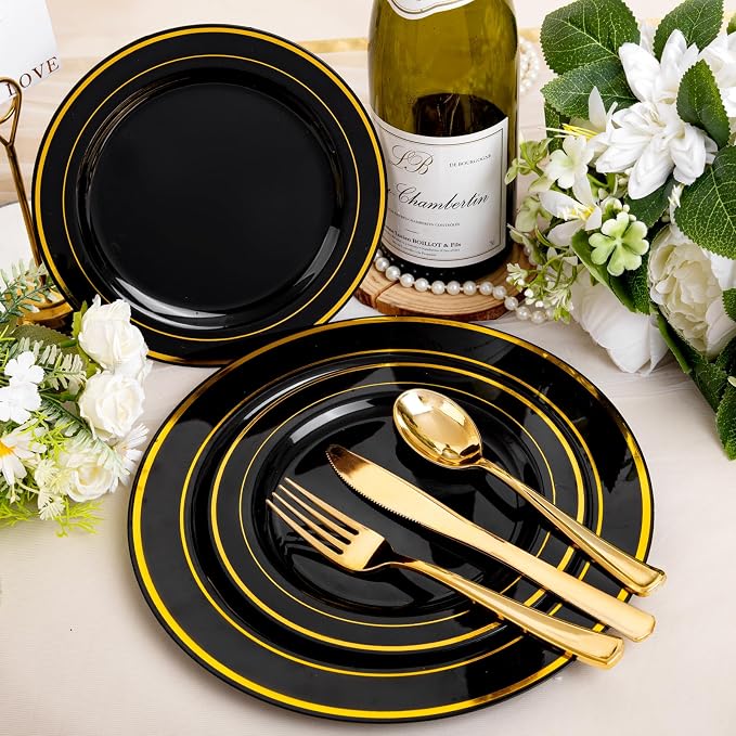 bUCLA 600PCS Black and Gold Disposable Dinnerware Set - Image 8