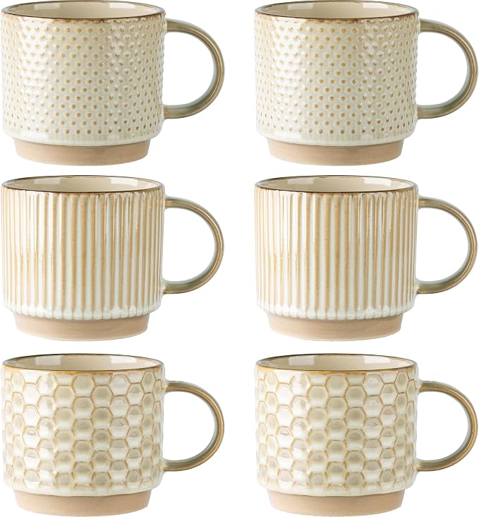 GBhome 12 OZ Stackable Coffee Mugs Set of 6, Ceramic Blue Coffee Cups Set | 3 by GBhome
