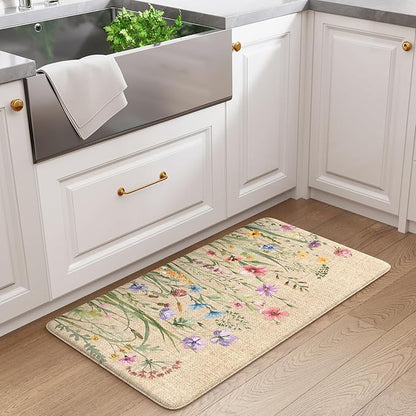 KIMODE Anti Fatigue Mats for Kitchen Floor 17.3"x29", Cushioned Kitchen Rugs, Non Slip Waterproof Kitchen Floor Mat, Floral Comfort Standing Mat for Laundry, Office, Sink, Desk Brown
