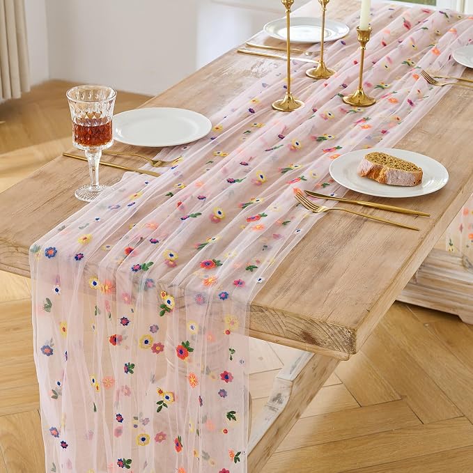 BINBE 12pcs Daisy Spring Table Runner Embroidery Gauze 10FT Florals Seasonal - Image 2
