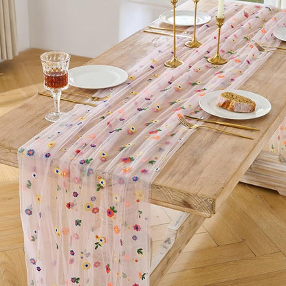 BINBE 6pcs Pink Daisy Spring Table Runner Embroidery Gauze 10FT Florals - Image 2