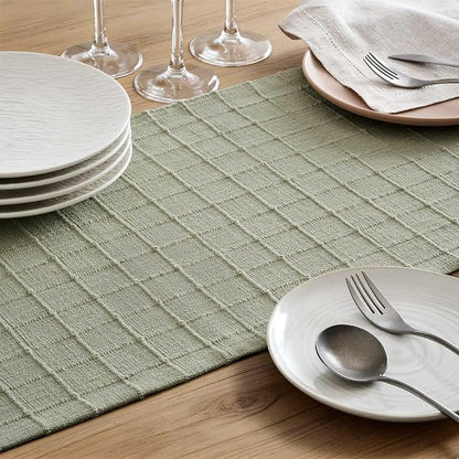Artisanal Grid Linen Table Runner, 13x36 Inches Seeding Green | Heavy Textured - Image 6