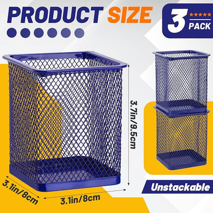 Segarty Pen Holder for Desk, 3 Pack Square Dark Blue Pen Cup Holder, Wire Mesh - Image 2
