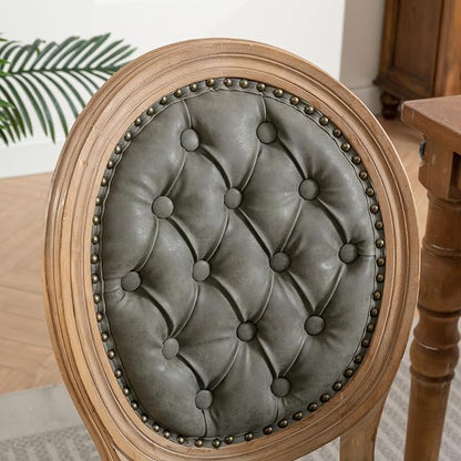 Ball & Cast French Vintage Upholstered Dining Chairs Set of 2, Button Tufted Kitchen Side-Chairs with Carved Antique Wood Frame & Nailhead Trims, PU-Leather Curved Backrest Louis Chair, PU Green