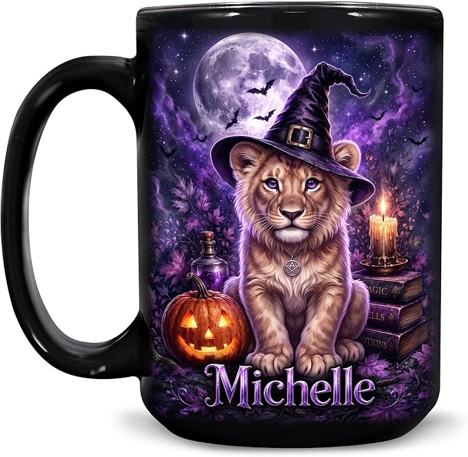 Hyturtle Personalized Halloween Lion Mug, Custom Name Gift by Hyturtle